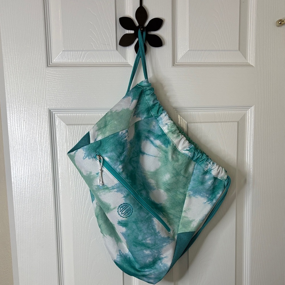 PB Teen Teal and White Tie-Dye Drawstring Tote Bag 17 x 15 in Monogrammed AVA